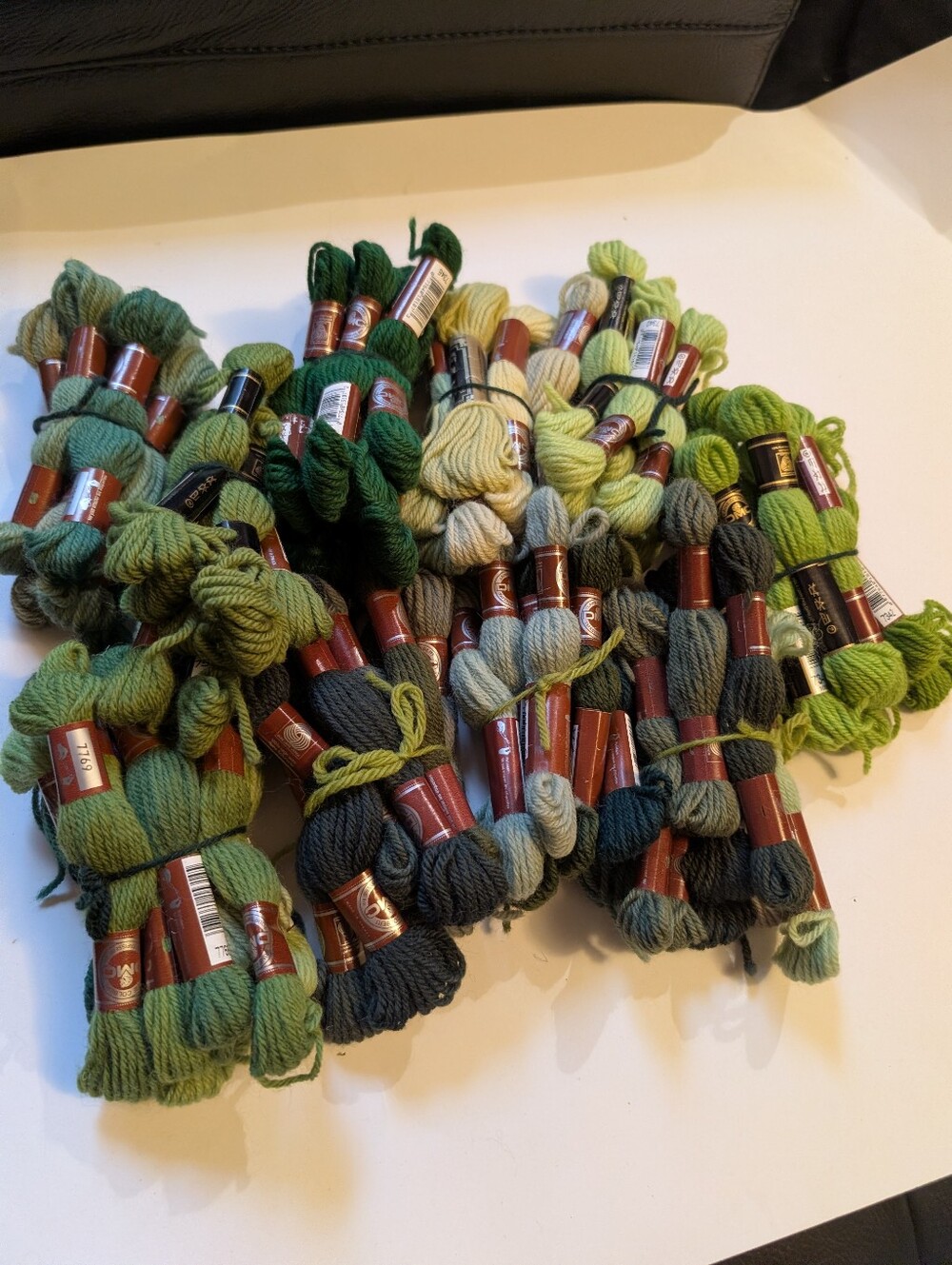 Huge Lot of 80 Vintage DMC Laine Colbert Tapestry Wool Skeins - Green/Olive/Sage